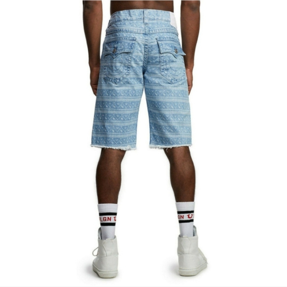 True Religion Mens Ricky Flap Ikat Print Denim Cutoff Shorts Size 32 Streetwear